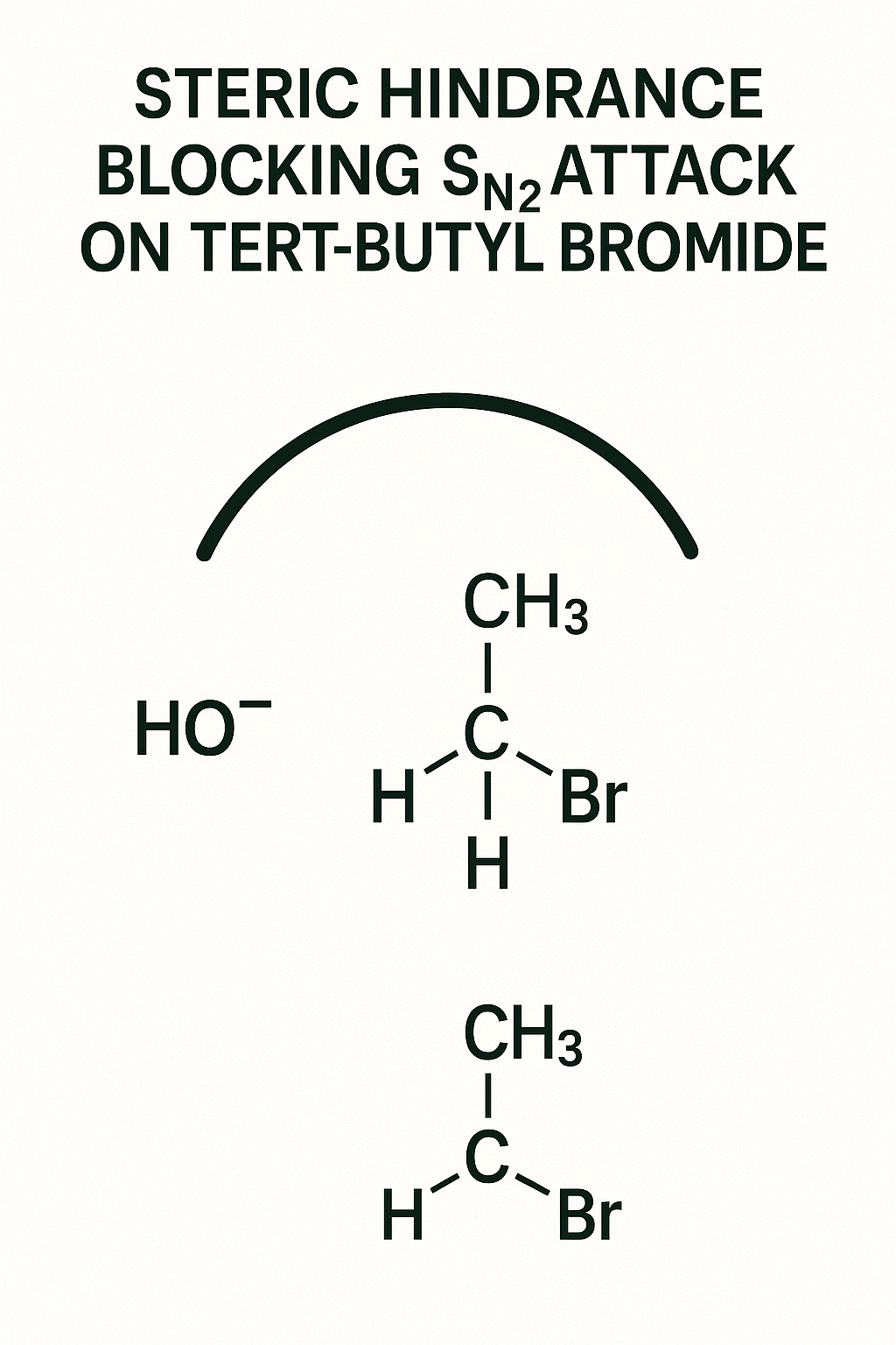 Steric hindrance blocking SN2 attack on tert-butyl bromide